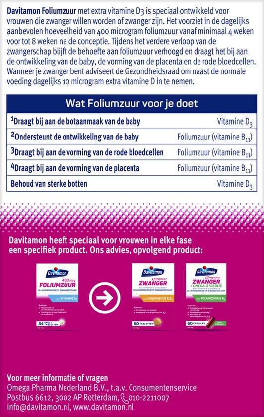 Informatiepagina Davitamon Foliumzuur met extra vitamine D3 voor vrouwen die zwanger willen worden of al zijn. Toont verpakkingen van 60 capsules, 60 tabletten en 84 smelttabletten.