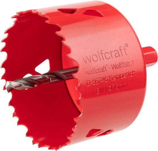 Rode wolfcraft gatenzaag met getande rand, boor en logo, op een witte achtergrond.
