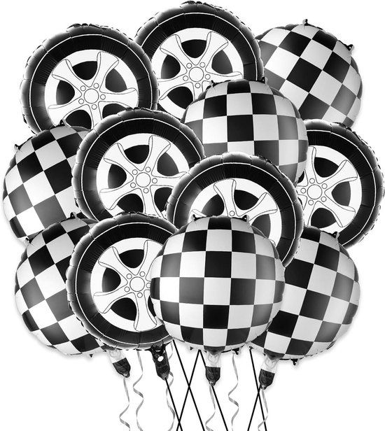 12 Stuks Geruite Ballonnen Raceauto Thema Feestdecoratie Zwart Wit 