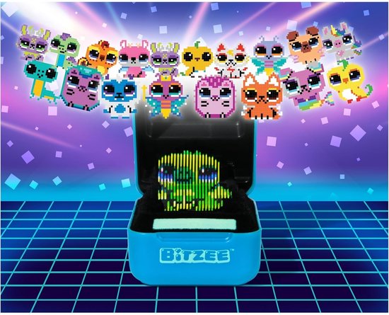 Blauw Bitzee beestje in een open doosje, omringd door zwevende pixeldieren.