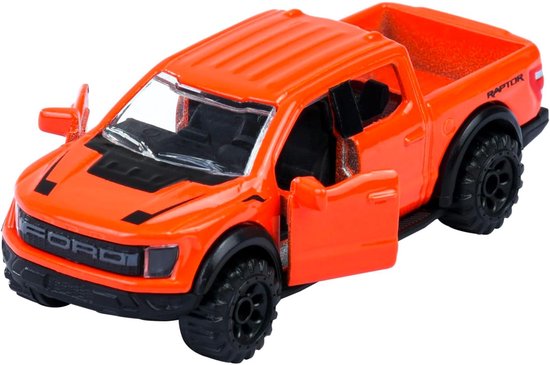 Oranje Ford F-150 Raptor modelauto met zwarte velgen en deuren die open kunnen.