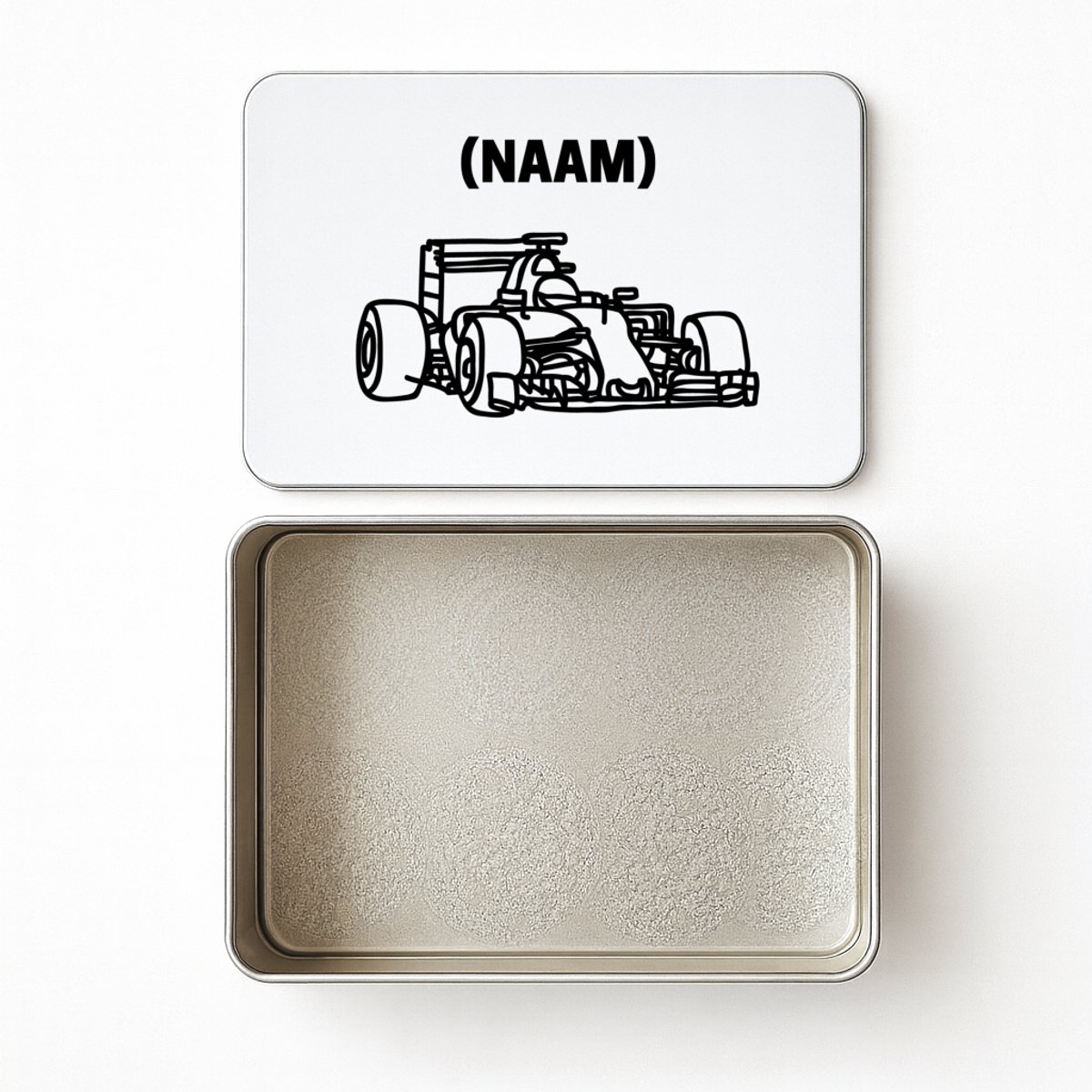 Hacebo® - Formule 1 met eigen naam koektrommel rechthoekig - Auto rijden - Auto liefhebbers - koekblik – koektrommels – bewaarblik - snoeptrommel - Autosport - koek trommel - 20 x 13 CM