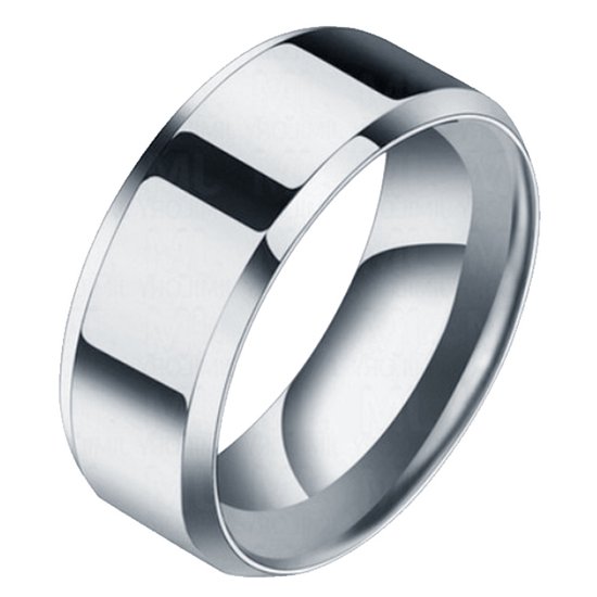 Zilverkleurige titanium ring van 8mm breed met gepolijste afwerking.