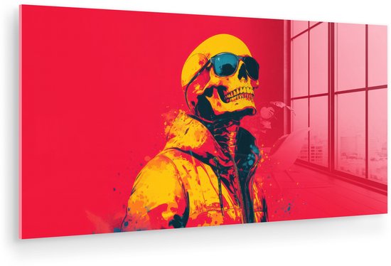 MuchoWow® Glasschilderij 40x20 cm - Schilderij acrylglas - Zonnebril - Schedel - Jas - Rood - Foto op glas - Muurdecoratie woonkamer - Wanddecoratie slaapkamer - Schilderijen