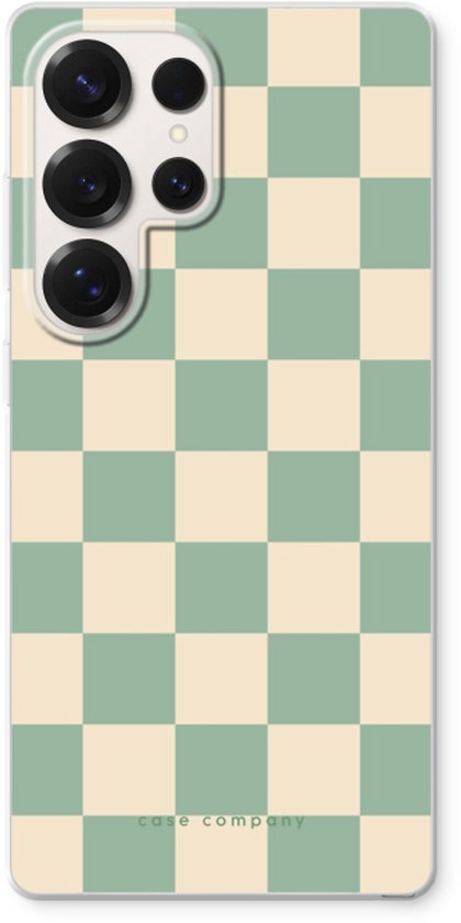 Telefoonhoesje met een mintgroene en beige ruitprint.