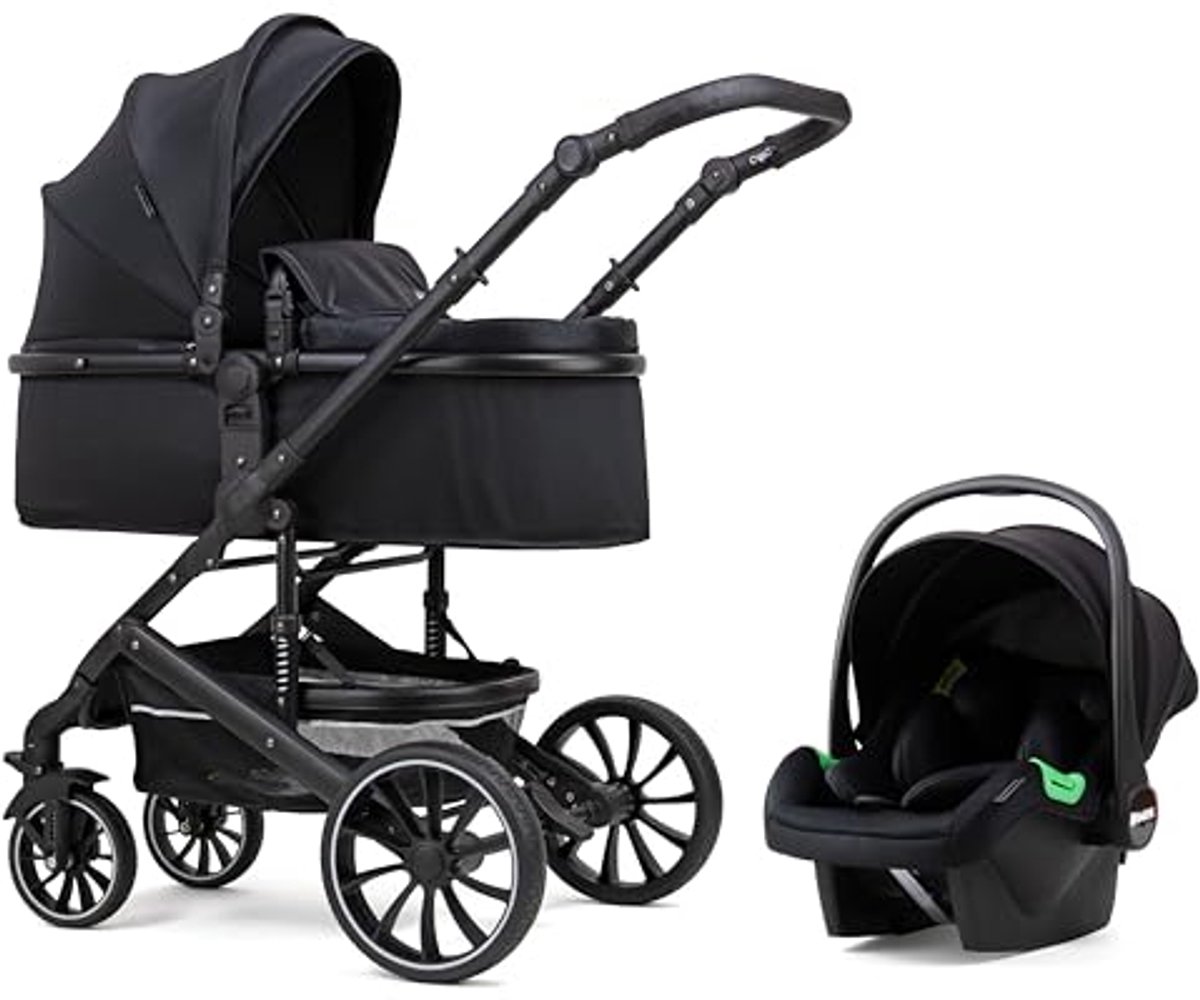 Image of 3-in-1 Combikinderwagen met Reiswieg, Buggy en Autostoel in Zwart Kunstleer
