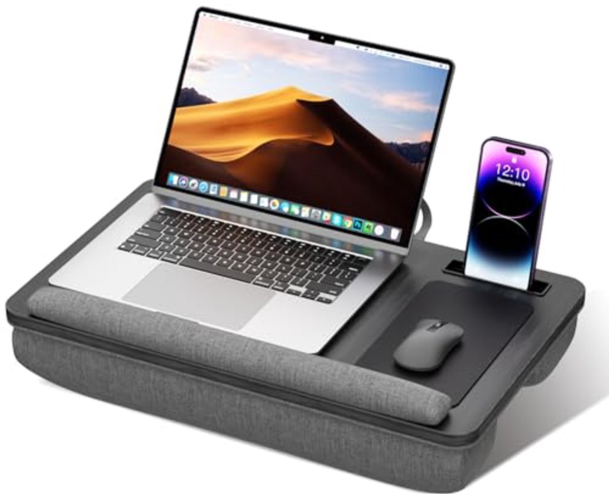 Draagbaar laptopkussen tot 17 inch met antislip en telefoonhouder