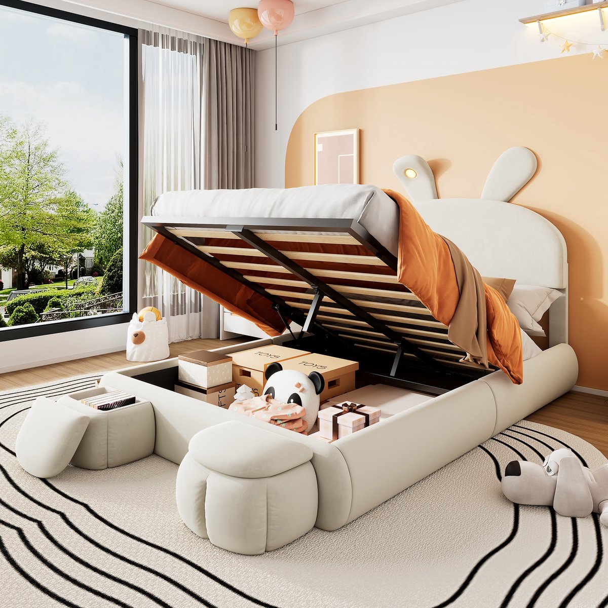 SINGULARITY-Gestoffeerd bed 140x200cm- tweepersoonsbed- hydraulisch bed- konijnenoren met instelbare helderheid warmgekleurde lichtstrips- beige- zonder matras