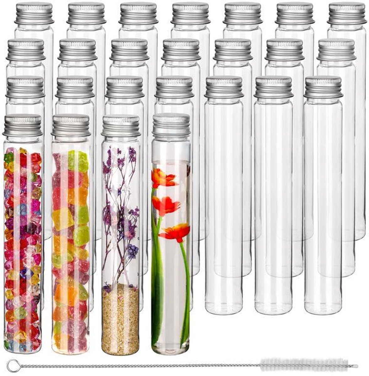 Orivio - Helder plastic reageerbuisjes met schroefdoppen & schoonmaakborstel (25 stuks) - 110ml - Herbruikbare transparante buisjes voor snoep opslag, feest, vloeistof, badzout, kralen & bloemen.