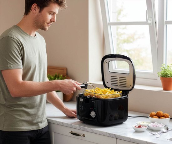 Man met groene trui gebruikt zwarte Tomado friteuse met mand vol goudgele frietjes.