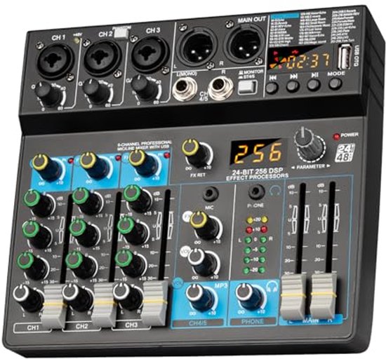 Audiomixer, Mini6 Bluetooth Record 6 kanalen (mono) 99 DSP effect USB Functie Professionele audiomixer Eenvoudig te gebruiken en te bedienen