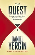 Boek "The Quest" door Daniel Yergin. De cover toont een zandloper met rode zijkanten en een beige middenstuk. Titel en auteursnaam in gele letters.