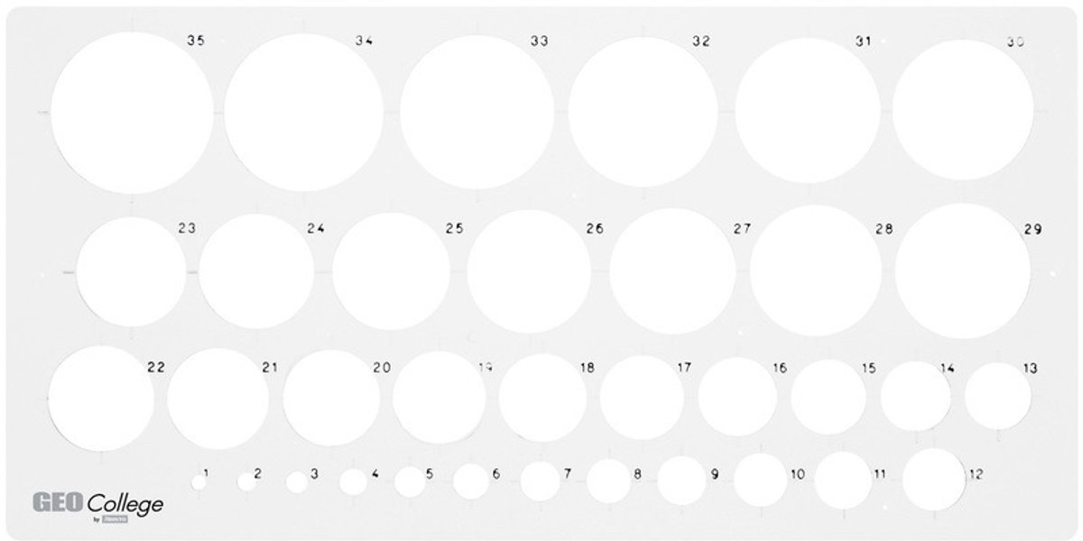 Aristo cirkelsjabloon - GEOCollege - afmetingen 350x130mm - diameter 1 tot 36mm - 35 cirkels - grijs transparant - AR-23319