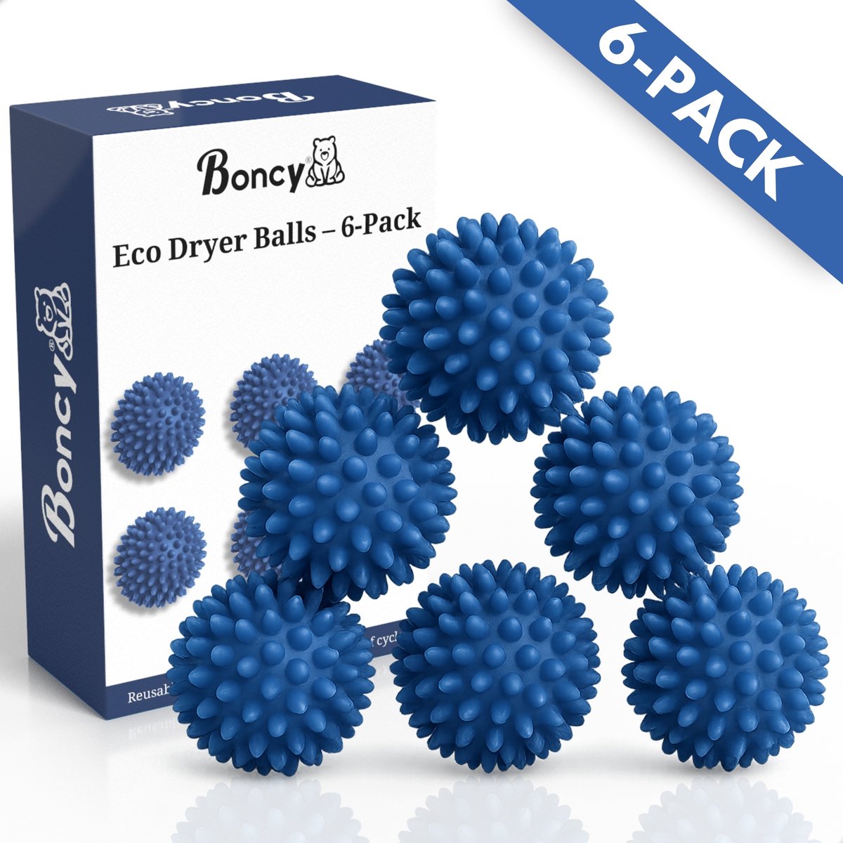 Boncy® Drogerballen - 6 Stuks Blauw - Droogballen voor Wasdrogers - Energiebesparend & Duurzaam Cadeau - Wasdrogerballen - Wasballen voor Wasdroger Droogtrommel - Dryer Balls Wol Droger Ballen - Wasmachine Wasbol Wasbollen