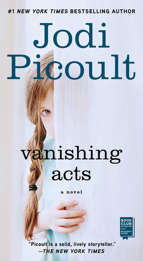 Livre "Vanishing Acts" de Jodi Picoult. Une jeune fille avec une tresse regarde à moitié derrière un tissu blanc.