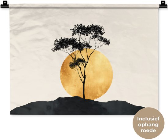 Wandkleed 60x45 cm - Wanddoek Zwarte boom - Gouden cirkel - Heuvel - Wandtapijt - Wandkleden