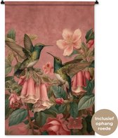 Wandkleed 90x135 cm - Wanddoek Kolibries - Bloemen - Groen - Roze - Wandtapijt - Wandkleden