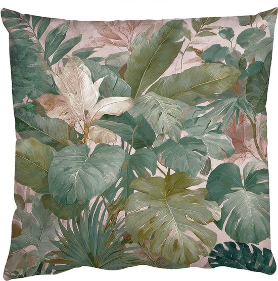 Foto: Sierkussens kussentjes woonkamer 60x60 cm compositie van bladeren groen roze