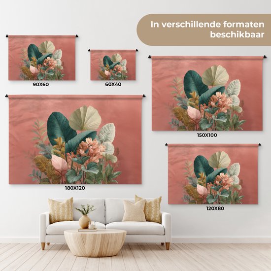 Diverse formaten van een wandkleed met tropische bladeren in roze en groen.