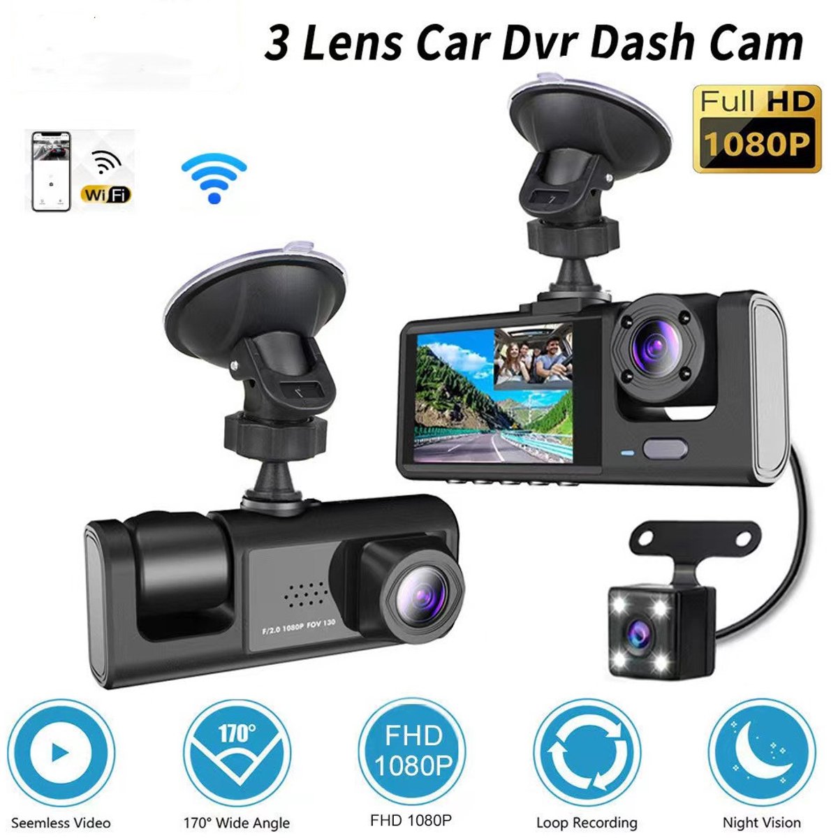 3-camera auto DVR | 1080P opname voor/achter/intern | Inclusief 32GB geheugenkaart