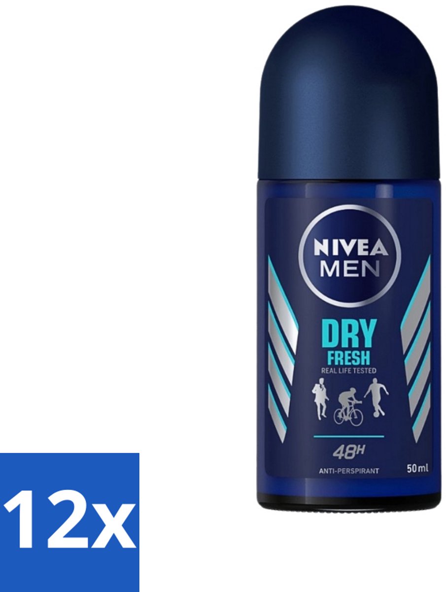 12 x Nivea - Men - Deodorant - Roller - Dry Fresh - 48 Uur Lang Werkend - 50 ml - NIVEA MEN Deodorant Roller - Anti-transpirant - 48 Uur Bescherming - Alcoholvrij - Frisheid