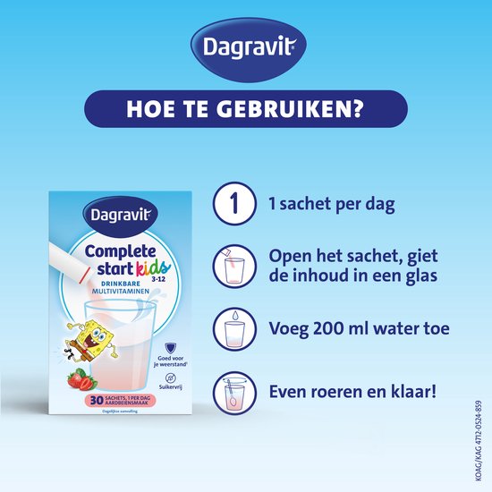Instructies voor het gebruik van Dagravit Complete start kids: 1 sachet per dag oplossen in 200 ml water. Aardbeiensmaak.