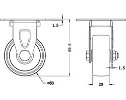 50 mm zwenkwielen met grijze rubberen banden, zwenkbaar en vast, draagvermogen 160 kg, set van 4