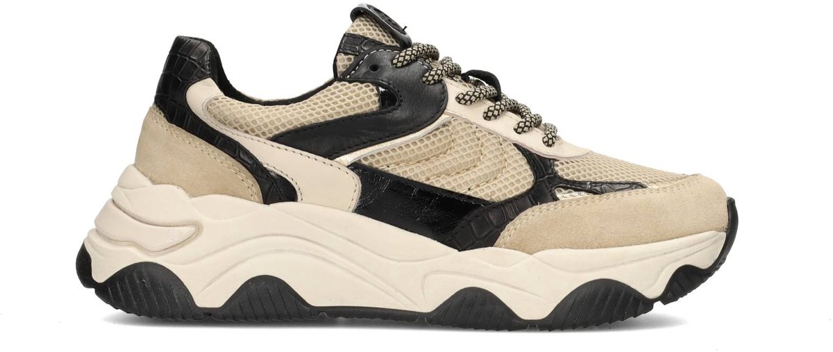 PS Poelman CATO Dames Sneakers - Zwart Met Beige Combinatie - Maat 37