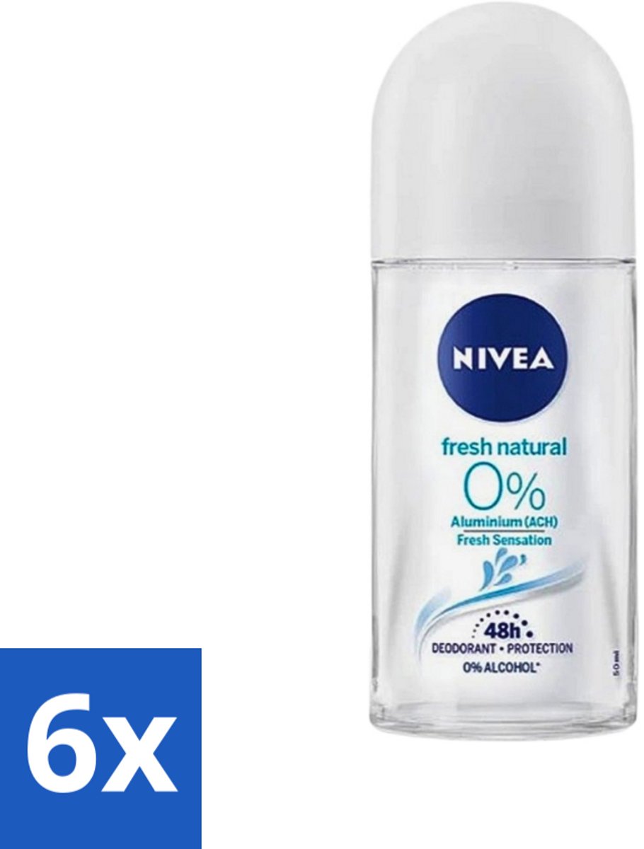 6 x Nivea - Roll-On - Alu Free - Fresh Natural - 0% Aluminum - 50 ml - Aluminiumvrije Deodorant - Natuurlijke Frisheid - Huidvriendelijke Deodorant - 0% Aluminium - Deodorant Voor Gevoelige Huid
