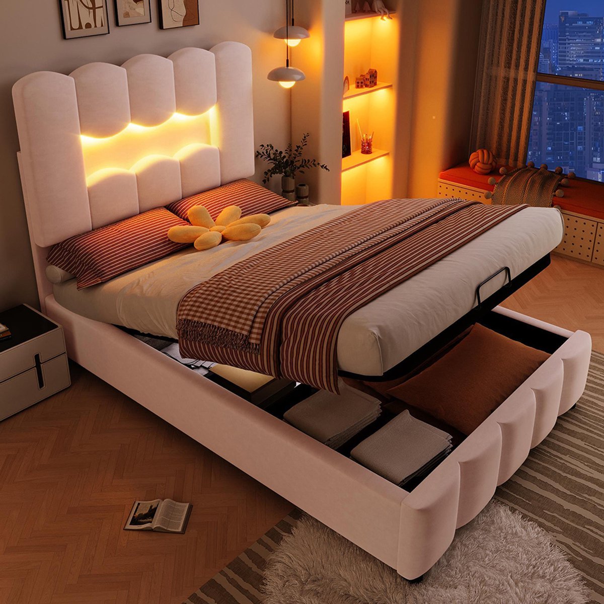 Pugsdrly Gestoffeerd bed, 90 x 200 cm, zonder matras, ledverlichting, met hydraulisch systeem, verstelbaar hoofdeinde, fluweel, roze