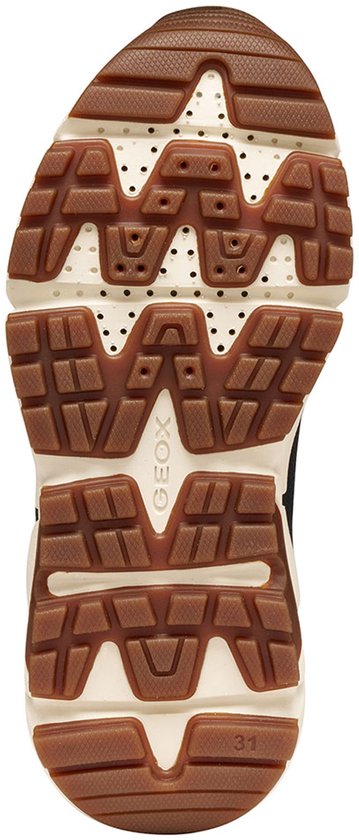Onderkant van een blauwe Geox sneaker met een witte en bruine zool.