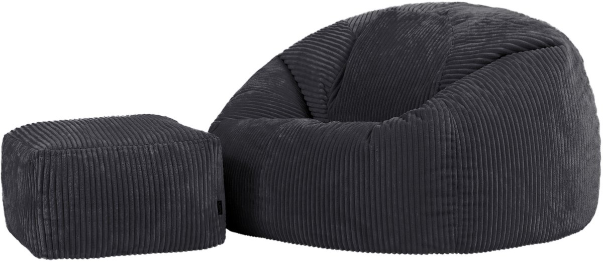 Icon Kingston XL Zitzak Fauteuil met Poef - Ribfluweel - Houtskool
