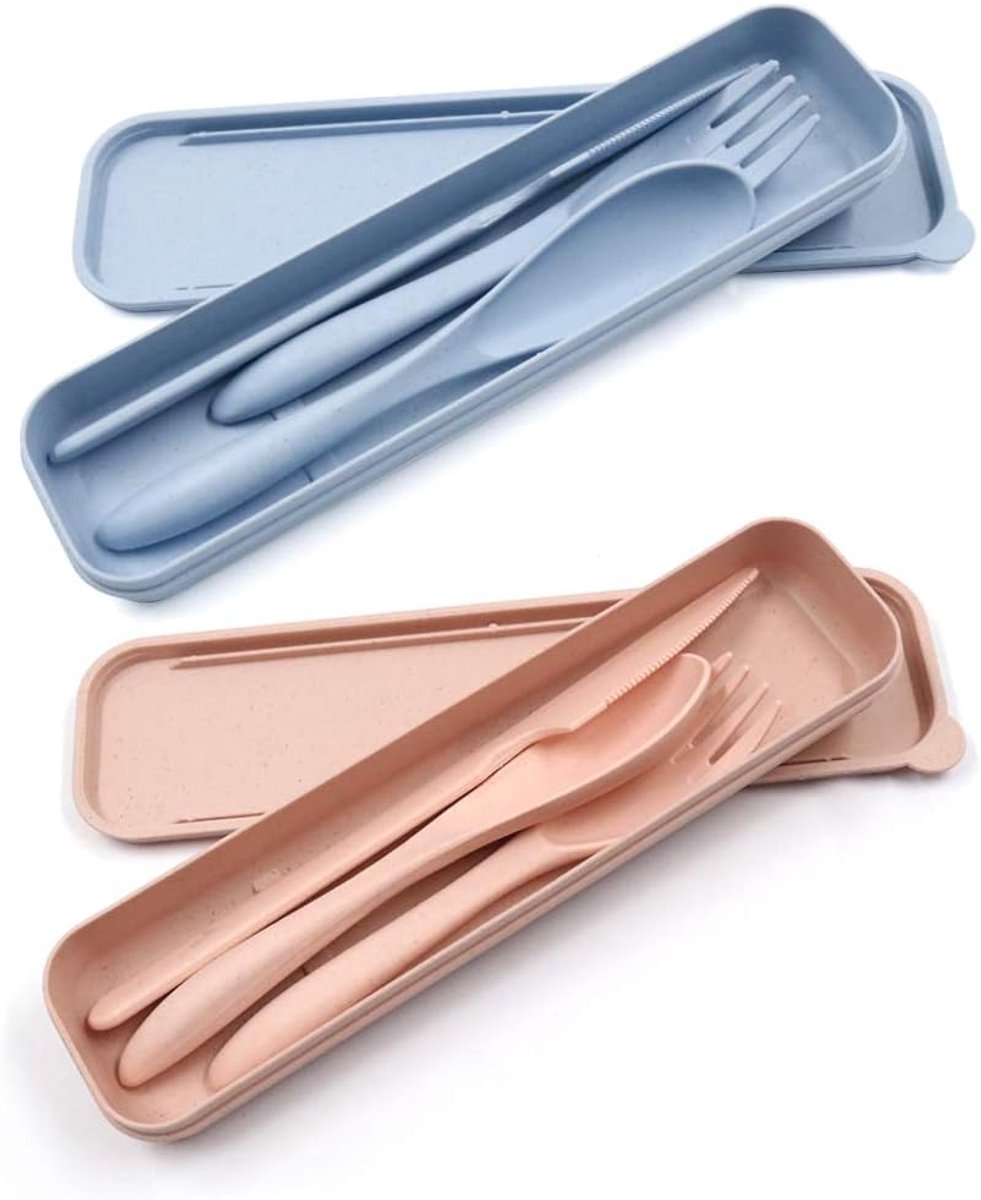 Cuhostki 2pcs Eco-Friendly Portable Biodegradable Cutlery Set - Blue and Pink