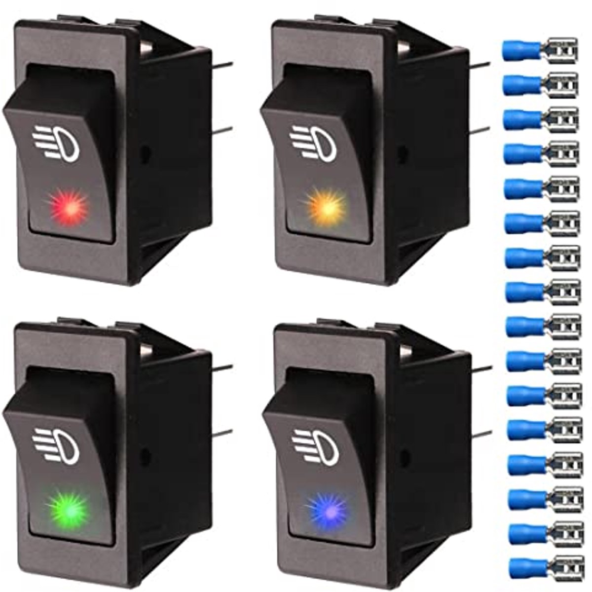 4pcs 12VDC/35A Auto LED Mistlamp Tuimelschakelaars met Aansluitklemmen - Rood, Blauw, Groen, Geel