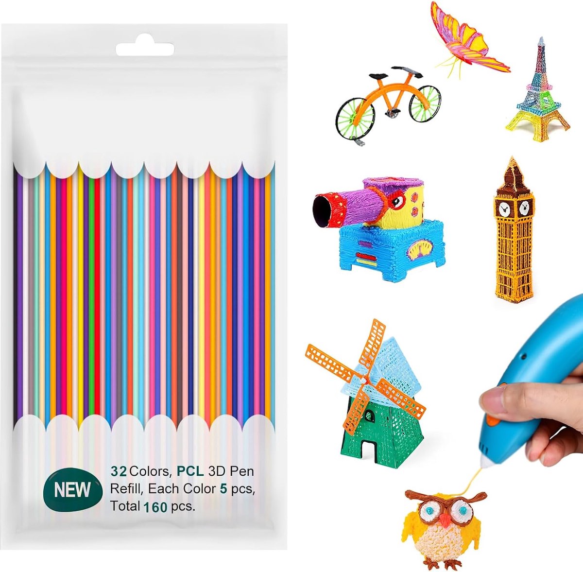 3D Pen Filament 2.5mm - 160Pcs - 32 Kleuren - 3D Doodler Pen Navulling - Filament 3 Doodler PCL - Lage Print Temperatuur - Geschikt voor 3 Doodler Start