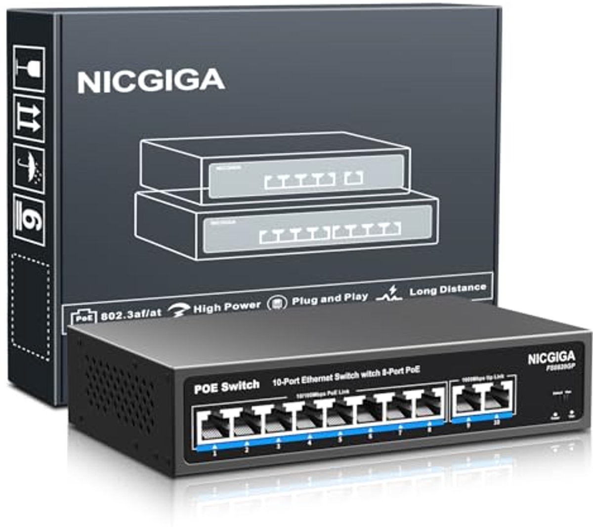 8-poorts PoE-switch met 100 Mbps PoE+ en Gigabit Uplink-poorten