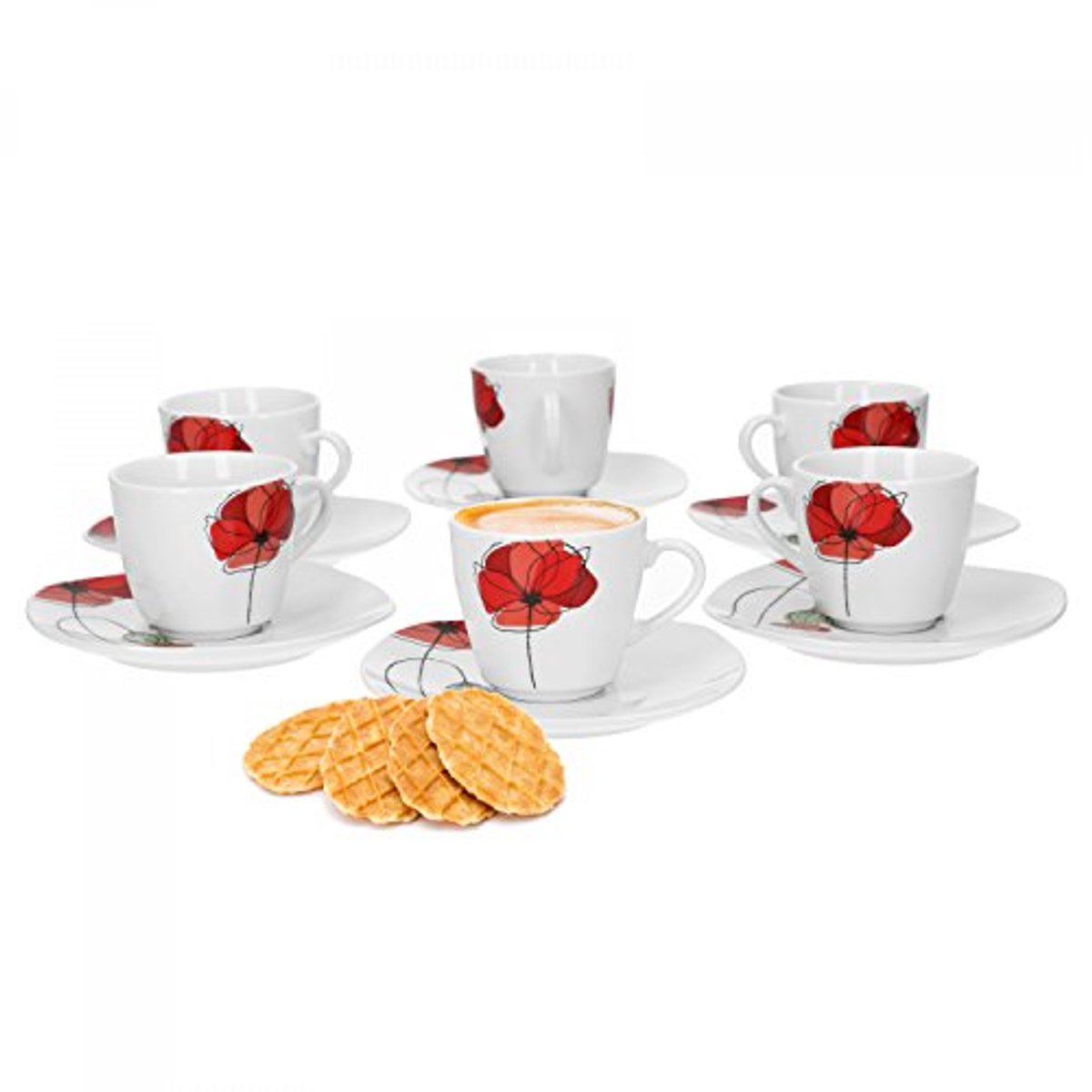 Set van 6 espressokopjes met schoteltjes - Stijlvol porselein met bloemendecor
