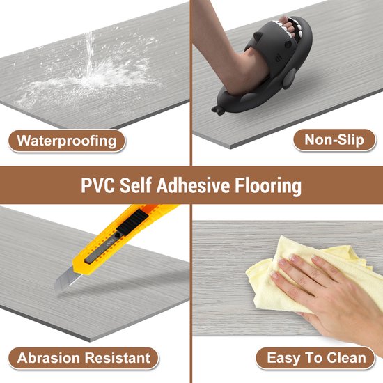 Kenmerken van zelfklevende PVC-vloeren: waterdicht, antislip, slijtvast, makkelijk schoon te maken.