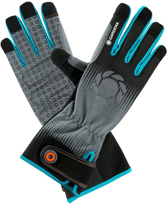 Twee grijze tuinhandschoenen met zwart, blauwe details, antislip en "Gardena" logo.