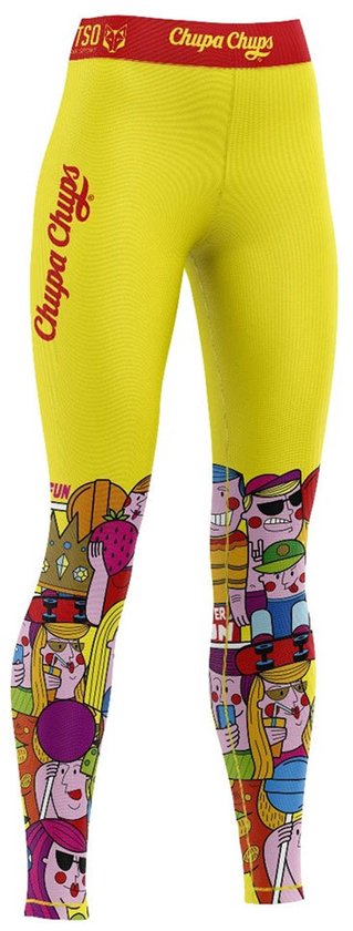 Gele legging met Chupa Chups logo en kleurrijke cartoonfiguren op de pijpen.