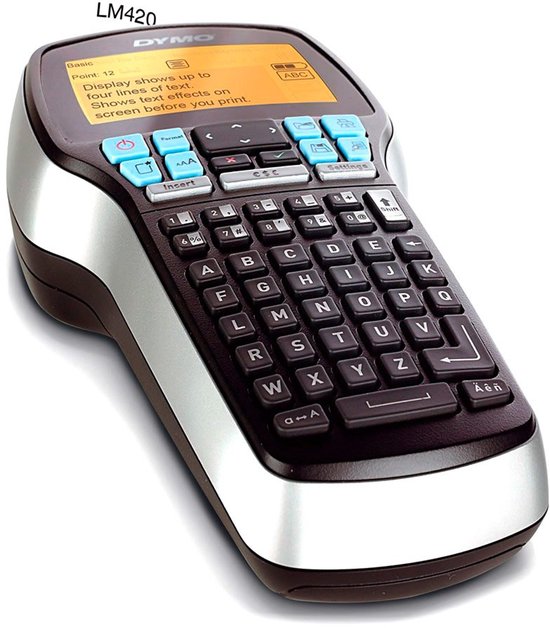 DYMO LM420 labelmaker met QWERTY-toetsenbord en oranje scherm.