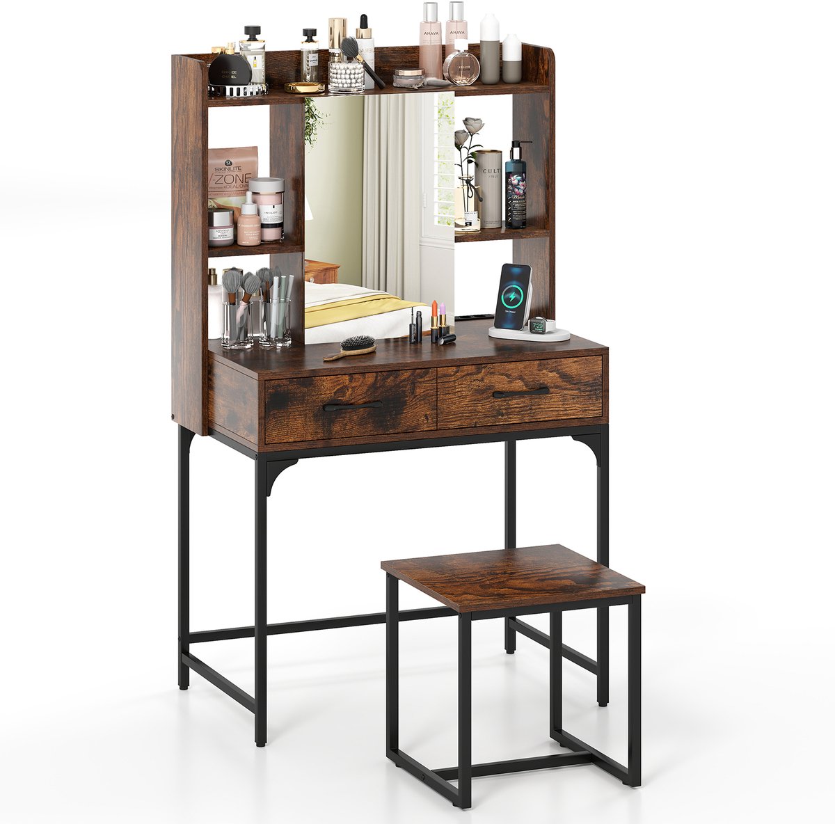 COSTWAY Make-uptafelset met kruk en spiegel, make-uptafel met laadstation, laden, open pla