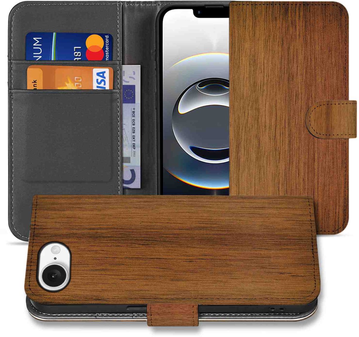 Book Case voor iPhone 16e/17e Book Style Case Donker Hout