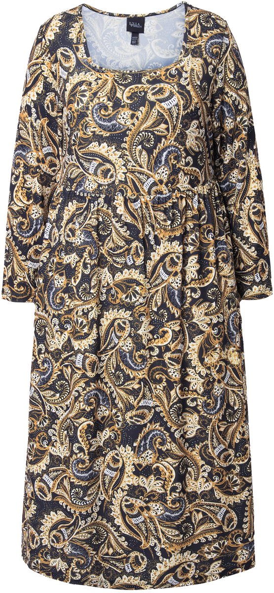 Ulla Popken Dames - Maxi-jurk paisley A-lijn carréhals lange mouw - Zwart - Maat 62+