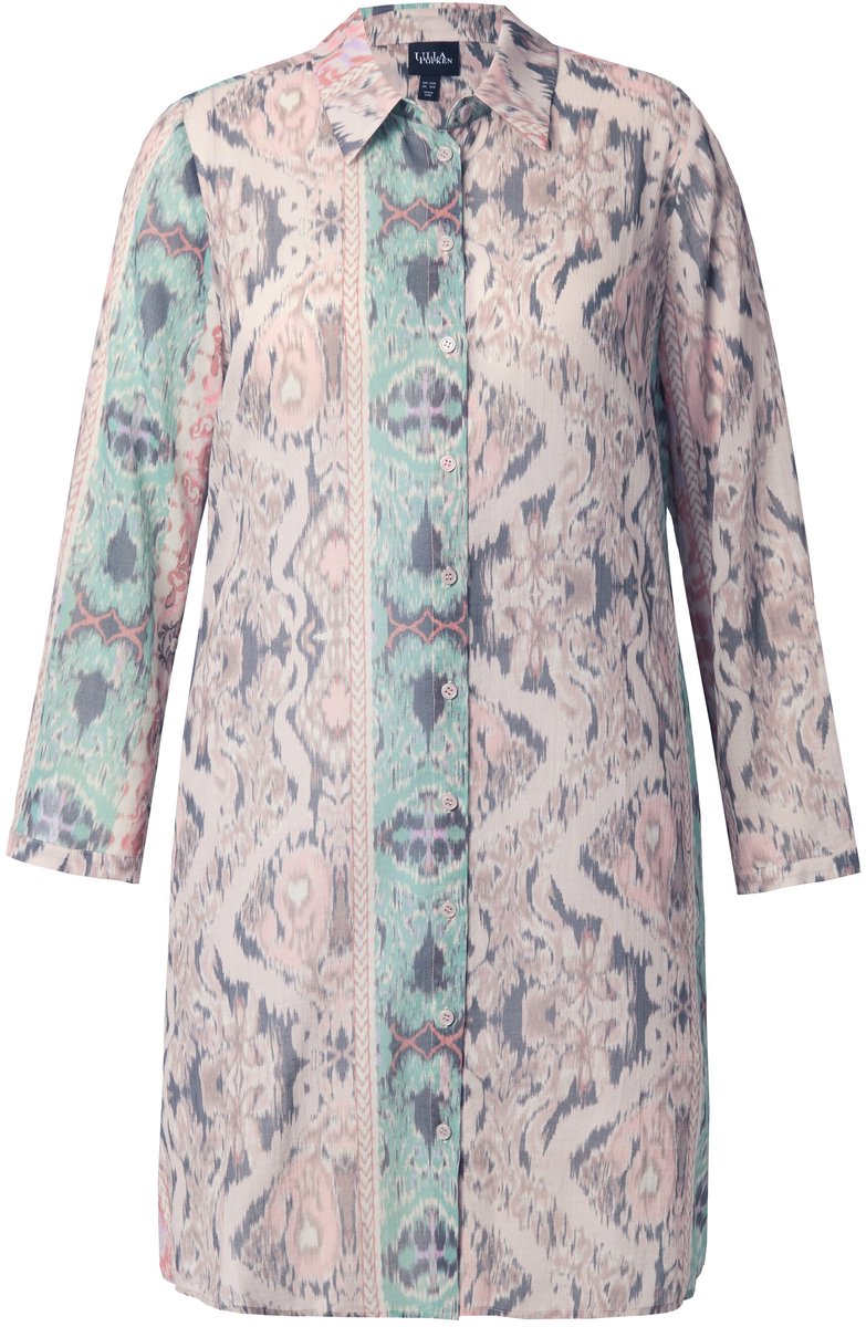 Ulla Popken - Dames - Lange blouse patchprint A-lijn overhemdkraag lange mouw - Lichtchampagne - Maat 46+