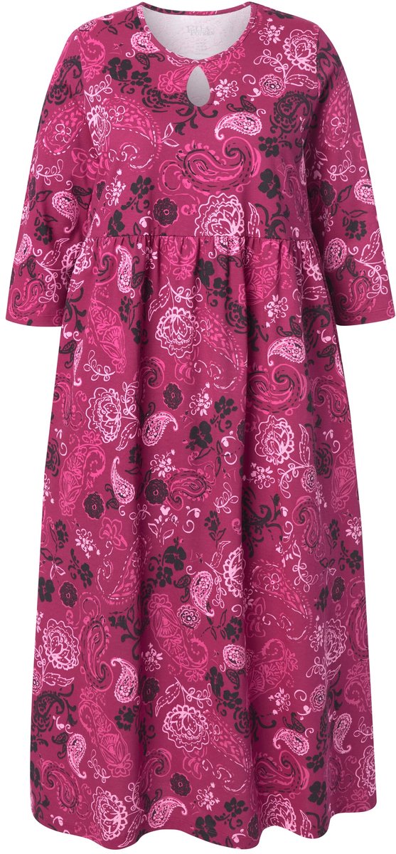 Ulla Popken Dames - Maxi-jurk paisley A-lijn ronde hals 3/4-mouwen - Zwart - Maat 62+