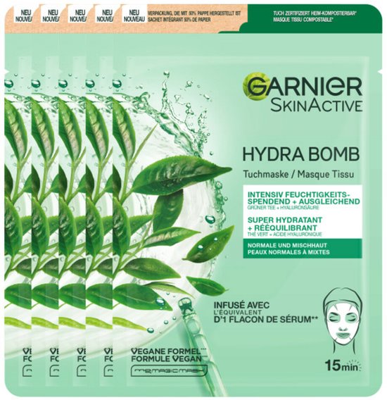 Garnier SkinActive Hydra Bomb Sheet Mask Groene Thee - 5 Stuks - Gezichtsmasker voor Normale & Gemengde Huid