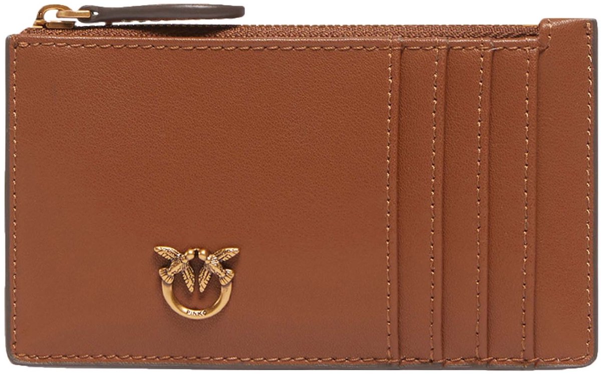 PINKO kaarthouder Airone Cardholder Sheep Nappa Chevron Marrone - Leone - Antique Gold Lichtbruin