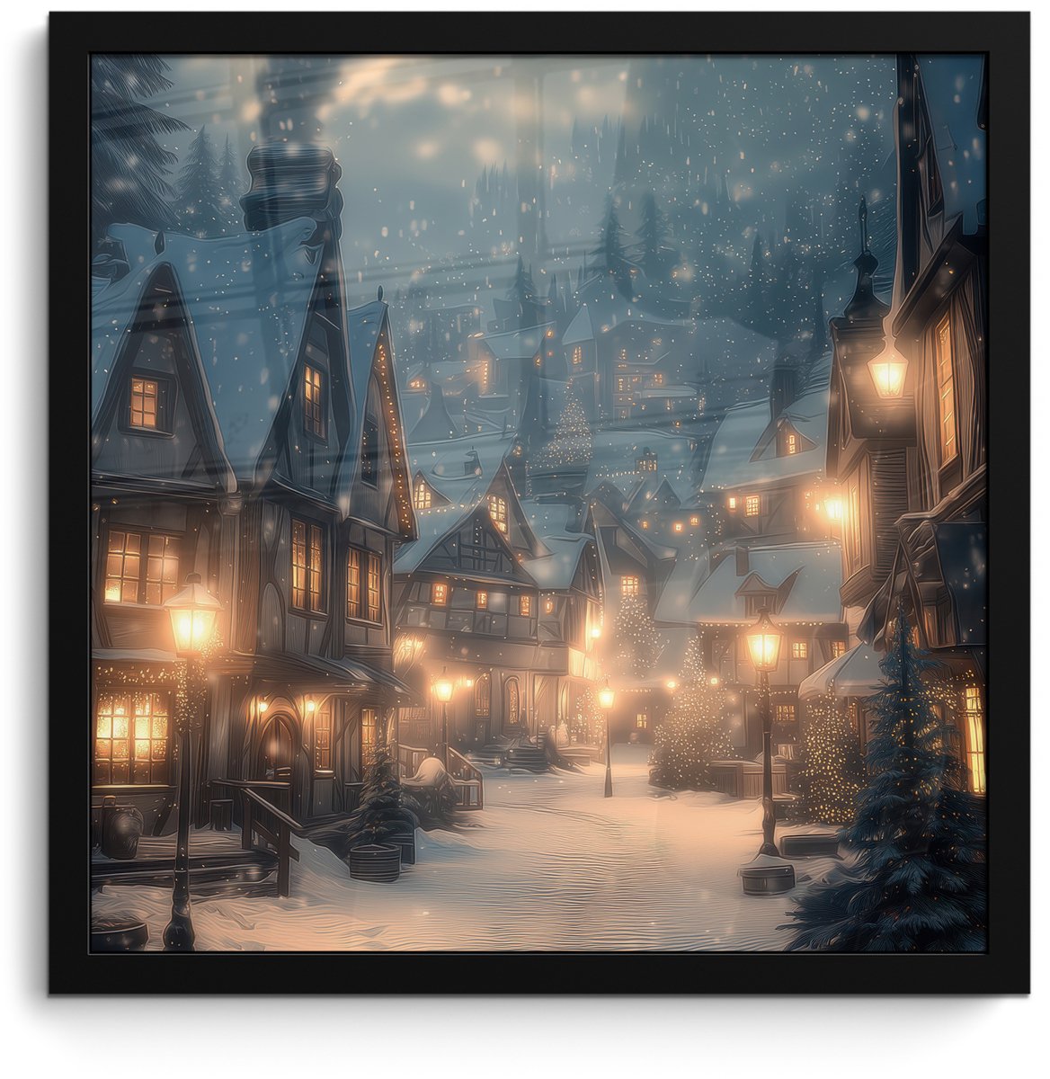 FrameYourWall Poster in lijst - Fotolijst 40x40 cm - Posters - Winterdorp - Sneeuw - Donker - Posterlijst zwart - Decoratie - Wanddecoratie woonkamer - Muurdecoratie slaapkamer