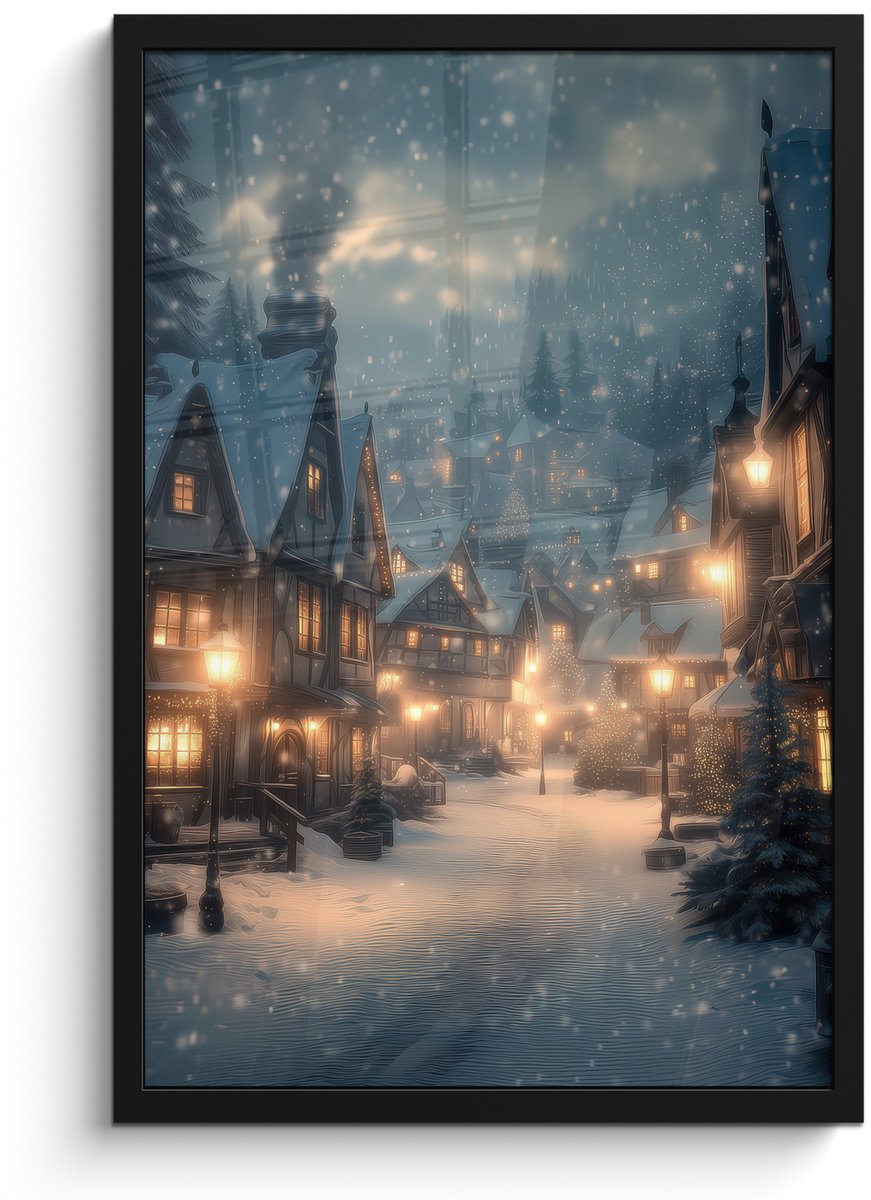 FrameYourWall Poster in lijst - Fotolijst 40x60 cm - Posters - Winterdorp - Sneeuw - Donker - Posterlijst zwart - Decoratie - Wanddecoratie woonkamer - Muurdecoratie slaapkamer